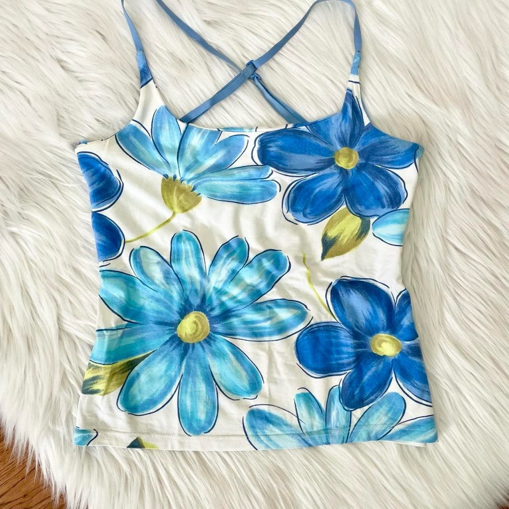 Vintage Y2K aqua blue printed tank top 🦋 by Stradivarius